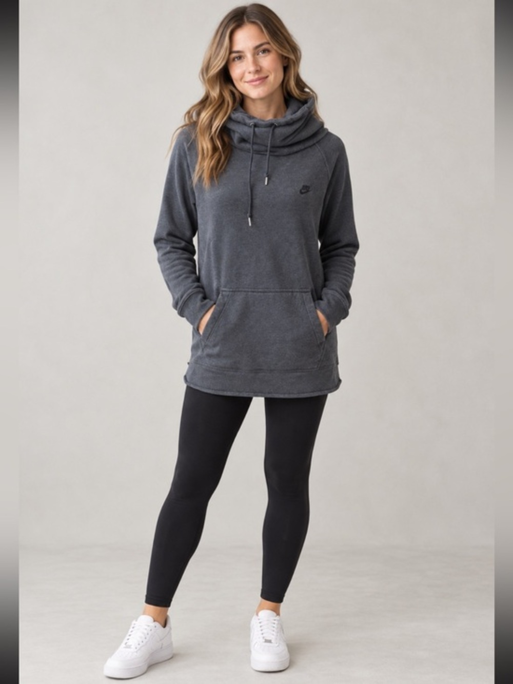 Nike Sportswear Charcoal Cowl Neck Long Hoodie Tunic Sweatshirt Medium